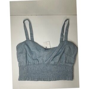 Lost + Wander‎ Blue Lagoon Smocked Crop Top Linen Blend Coastal Cowgirl Causal L